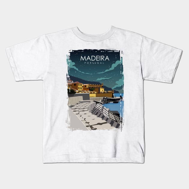 Madeira Portugal Vintage Retro Travel Poster at night Kids T-Shirt by jornvanhezik